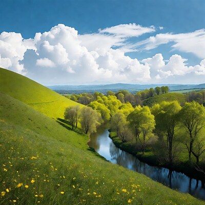 Green hills with river and yellow flowers