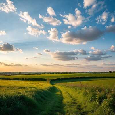 Path through green fields at sunset