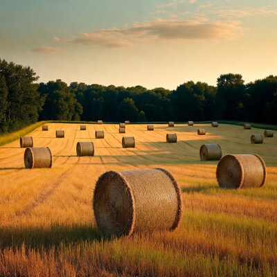 Hay bales in golden field at sunset