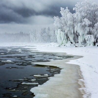 Snowy Trees and Icy Lake Shore