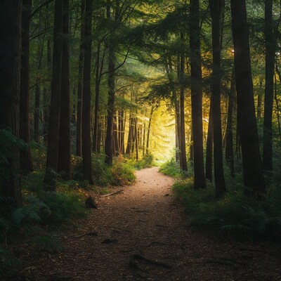 Sunlit Path Through Dense Forest