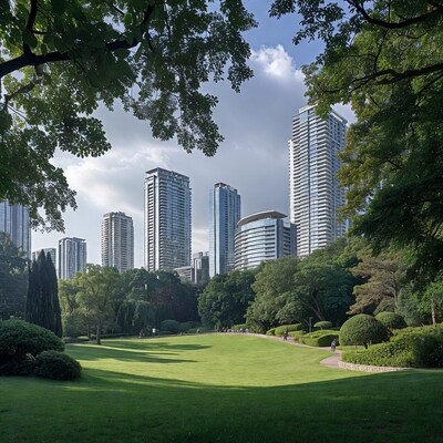 Park with Skyscrapers and Trees