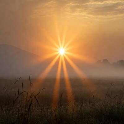 Sunrise rays over misty grass field