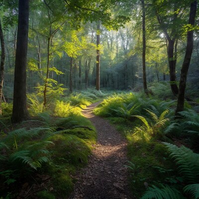 Forest Path Through Ferns in Sunlight