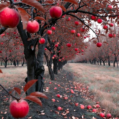 Red Apples on Autumn Orchard Trees