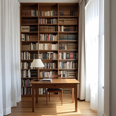 Wooden Bookshelf with Desk and Lamp