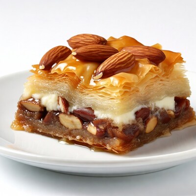 Baklava with Almonds and Cream on Plate