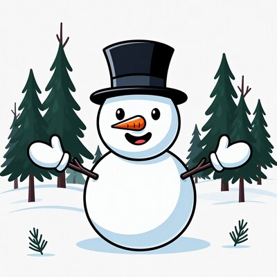 Smiling Snowman with Top Hat in Forest