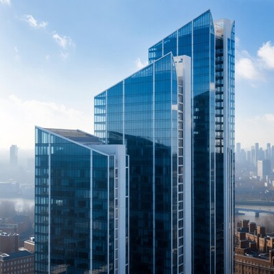 Modern glass skyscrapers over London skyline