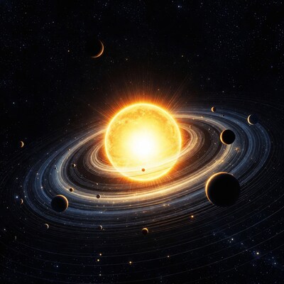 Sun with Ringed Planet in Space