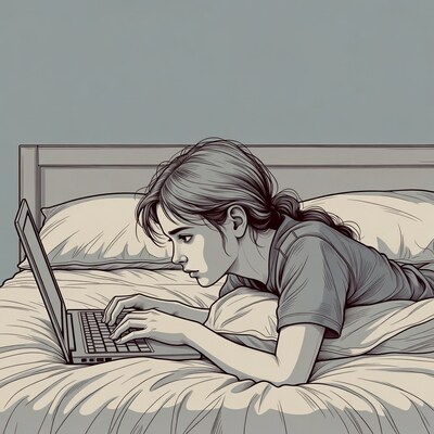 Woman using laptop in bed