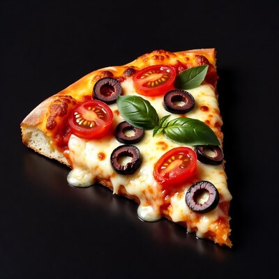 Pizza Slice with Tomatoes Olives Basil