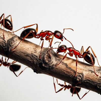 Red ants on wooden branch