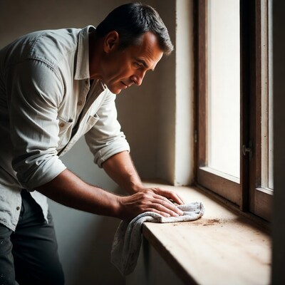 Man cleaning windowsill with cloth