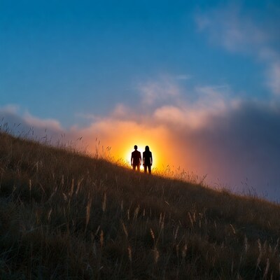 Silhouette couple on grassy hill at sunset