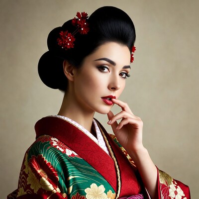 Asian woman in kimono touching lips