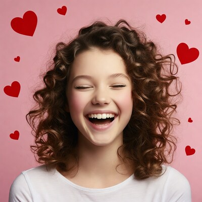 Girl laughing with hearts on pink background