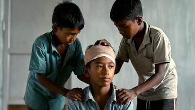 Boys comforting injured boy with head bandage