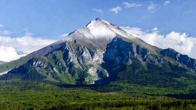 Snow-capped mountain with green foothills