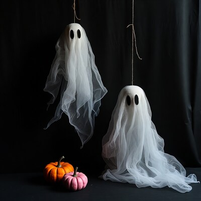Hanging Ghost Decorations with Pumpkins