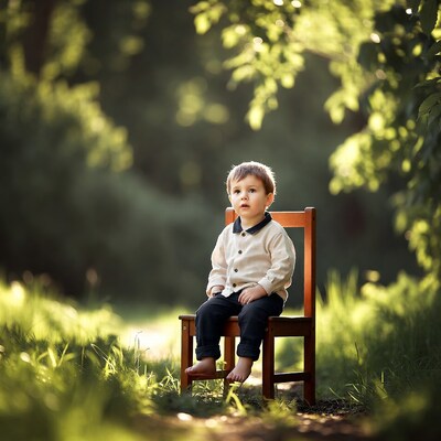 Toddler boy sitting on chair in forest