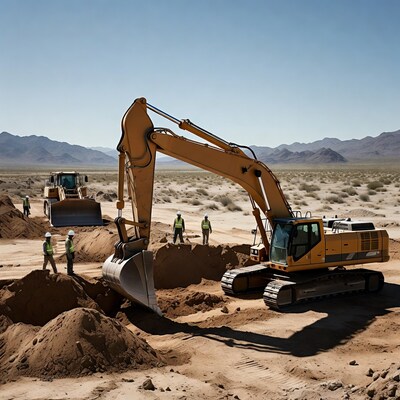 Excavator digging with construction workers