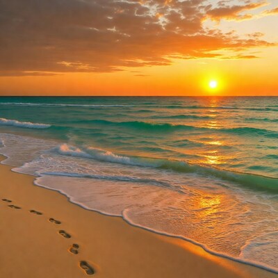 Footprints in sand at sunset beach