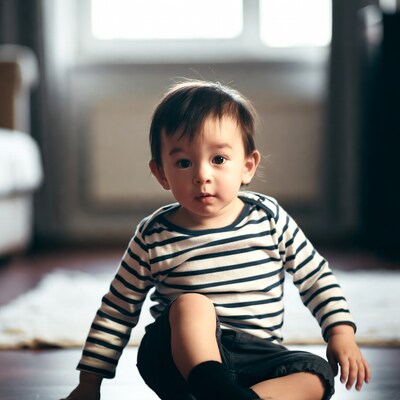 Asian baby boy sitting on floor