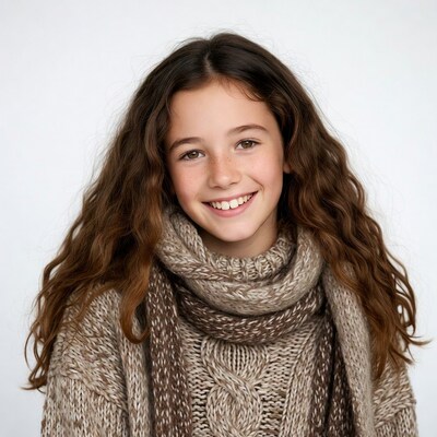 Smiling girl in knitted sweater and scarf