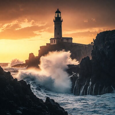Lighthouse on Cliff with Crashing Waves