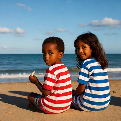 Boy and girl sitting on beach with seashell