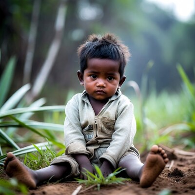 Young Asian boy sitting in grass