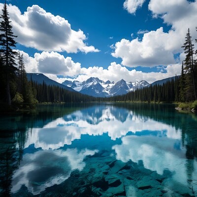 Emerald Lake with Snowy Mountains Reflection