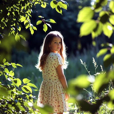 Girl in floral dress among green leaves