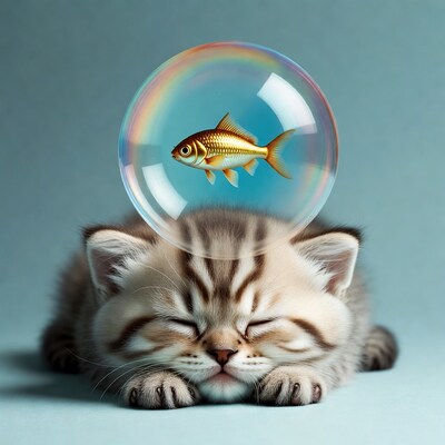 Sleeping kitten with goldfish in rainbow bubble