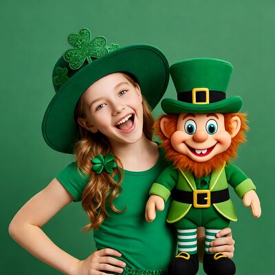 Girl hugging leprechaun doll St. Patrick's Day