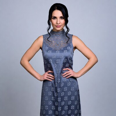 Woman in blue lace dress