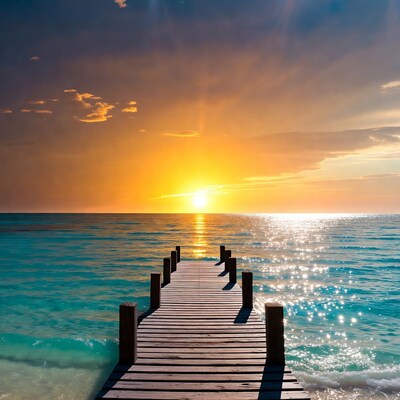 Wooden pier into sunset ocean