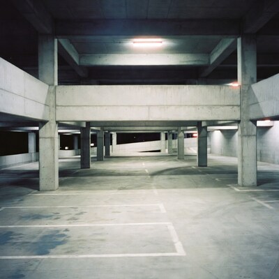 Empty Concrete Parking Garage at Night