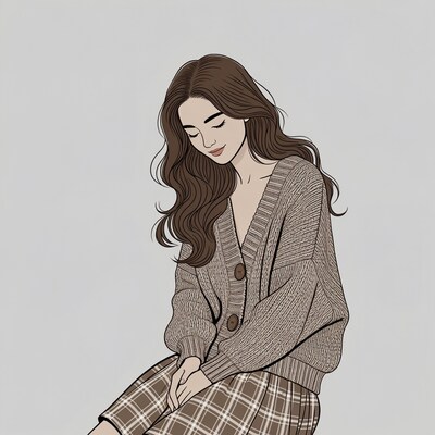 Asian woman in cardigan and plaid skirt
