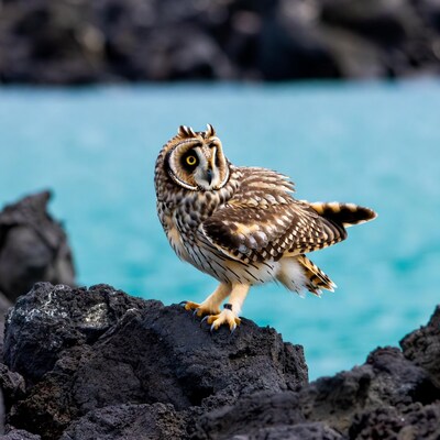 Short-eared owl on volcanic rock