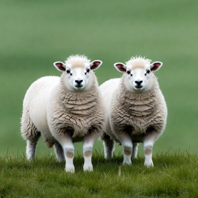Two fluffy white lambs in green grass