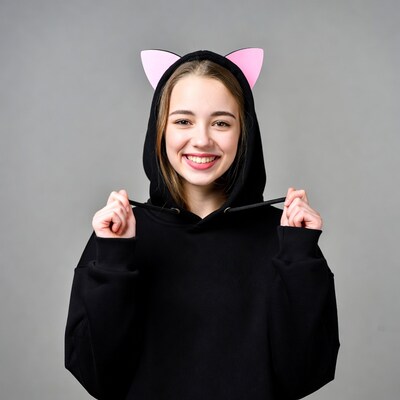 Girl in black hoodie with cat ears
