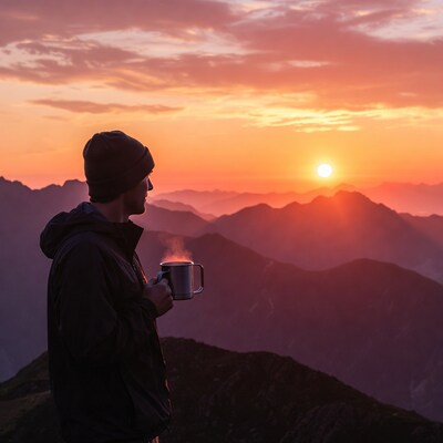 Man drinking coffee at mountain sunset