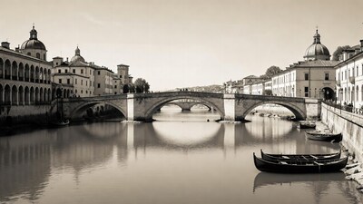 Stone Bridge over River with Gondolas