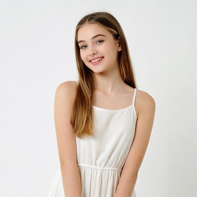 Teen girl smiling in white dress