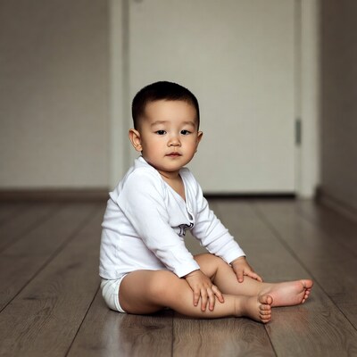 Asian baby boy sitting on floor