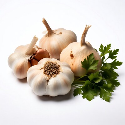 Fresh garlic bulbs with parsley