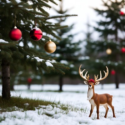 Reindeer with red bow in snowy forest
