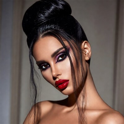 Woman with black updo red lips